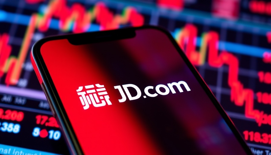 JD.com logo on smartphone with stock market data backdrop.