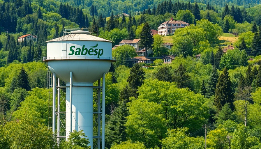 Water towers with Sabesp logo amidst greenery, highlighting Sabesp Q2 financial results.