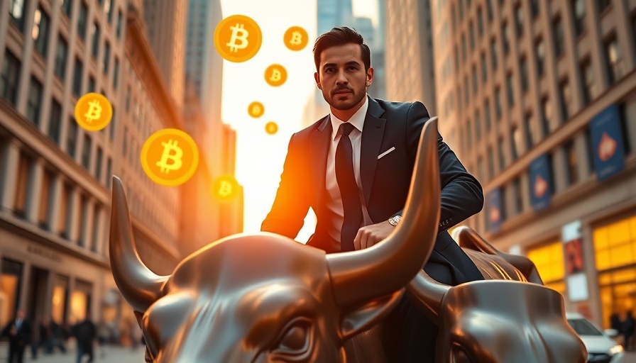 Confident businessman rides bronze bull with Bitcoin symbols in financial district.