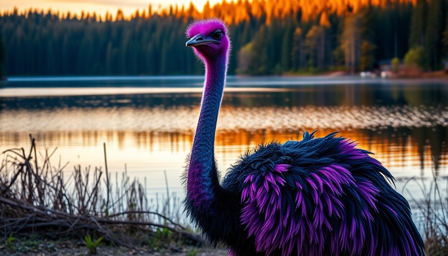 Bitcoiner must be on Nostr: Ostrich with Bitcoin emblem by a lake.