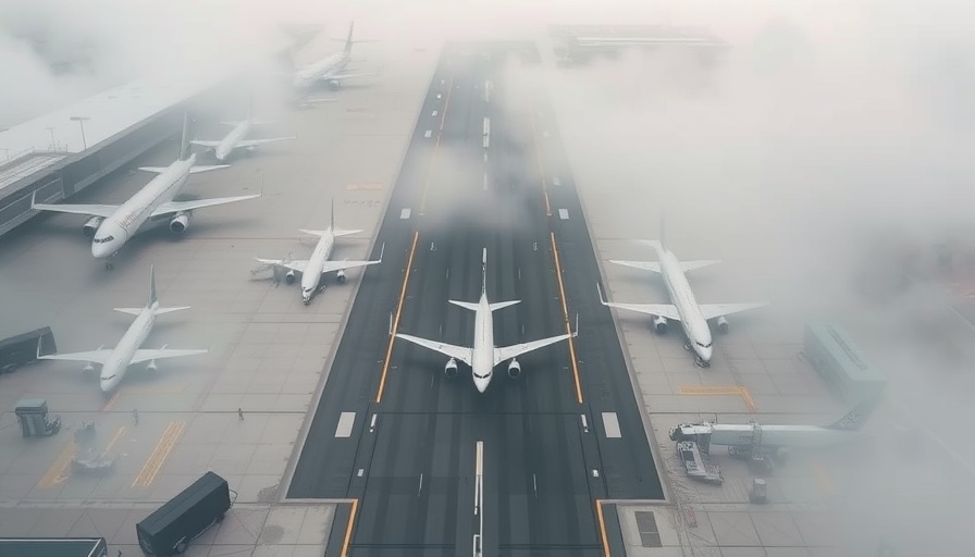 Aerial airport view with airplanes amid foggy atmosphere.