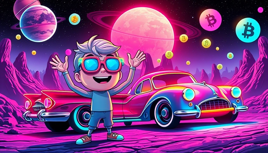 Cartoon character in neon world celebrating crypto passive income.