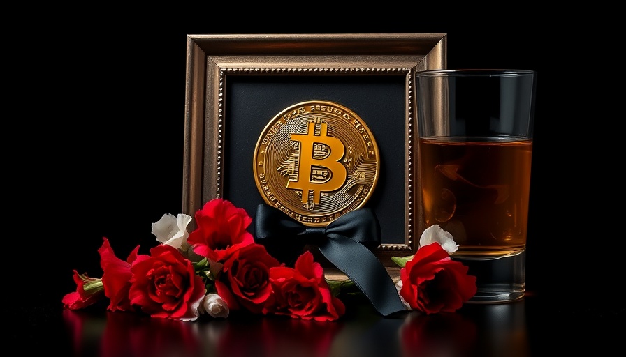 Bitcoin framed with ribbon, flowers, and drink in somber setting.