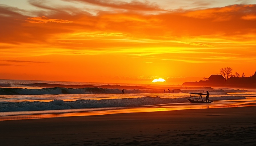 Stunning sunset at a Canadian beach destination with surfers.