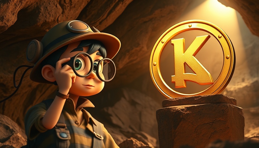Cartoon explorer observing Kaspa coin in cave for Kaspa (KAS) price forecast 2025.