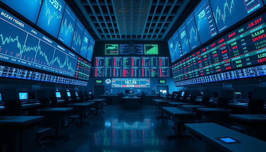 US Stock Futures Slip depicted in an empty trading floor with digital financial displays.