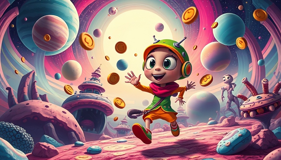 Cartoon character in alien landscape avoiding coins, XRP price prediction theme