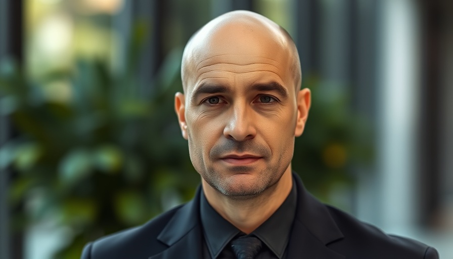 Portrait of a bald man in a black suit with greenery background.