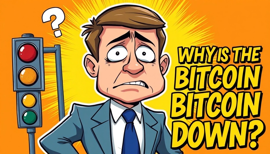 Bitcoin price drops cartoon with worried man and symbols.