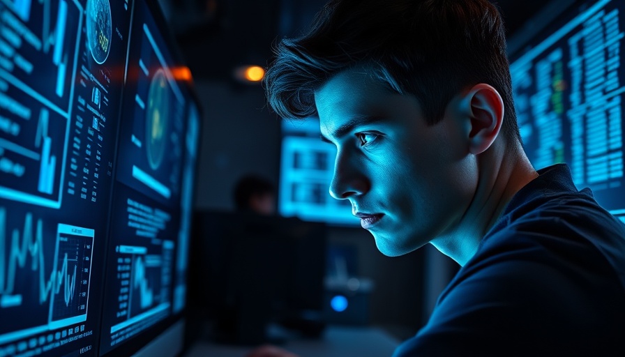 Young man analyzing cryptocurrency data screen in futuristic setting.