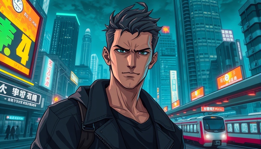 Anime man in futuristic cityscape with neon lights, cyberpunk theme.