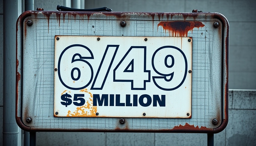 Lotto 6/49 sign showing $5 million jackpot on metal board.