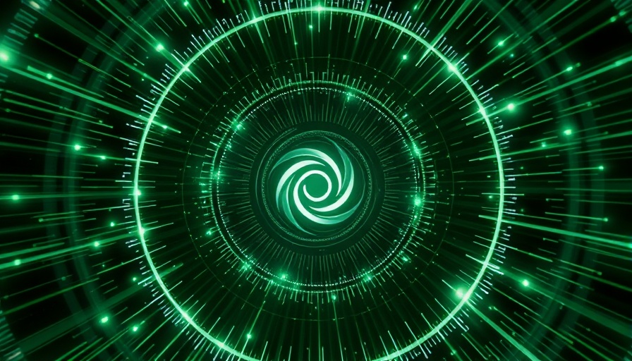 Futuristic green digital vortex with swirl logo, tech theme