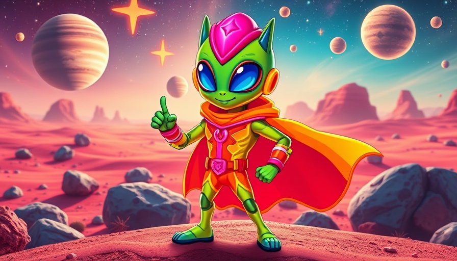 Vibrant cartoon alien with Shiba Inu coin symbols in space.