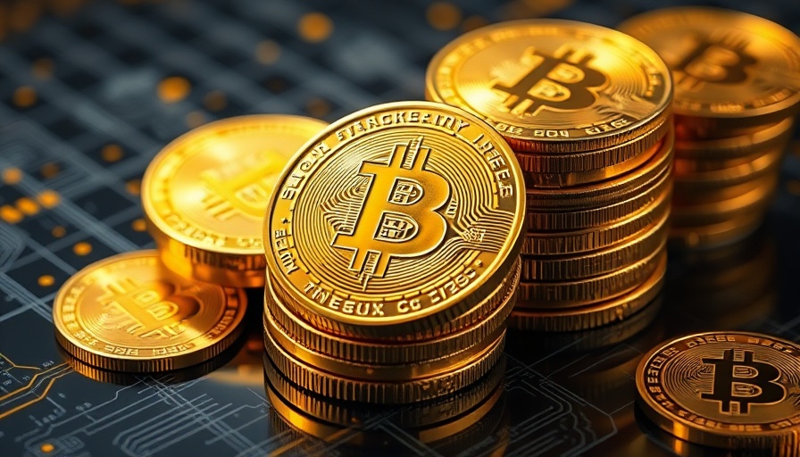 Shiny cryptocurrency coins in digital-themed setting.