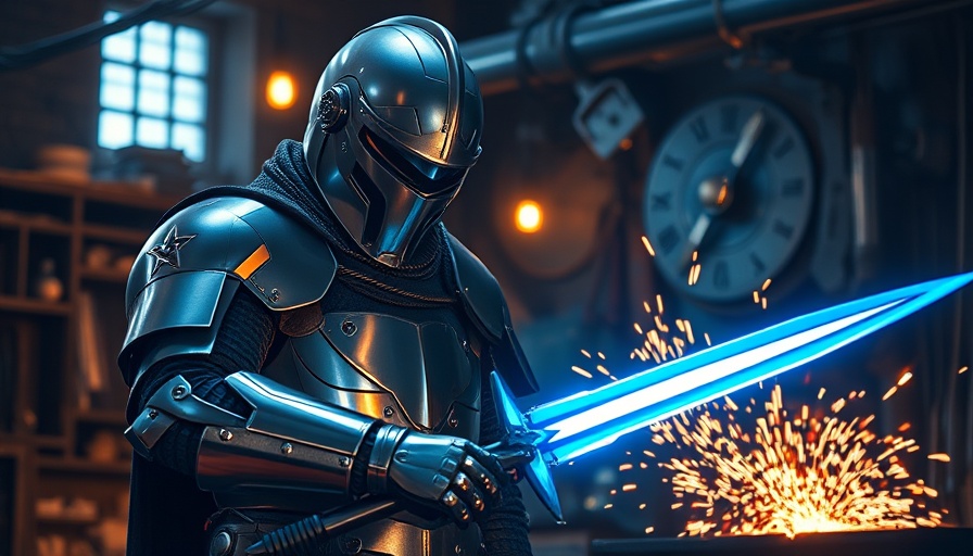 Futuristic knight forging sword, symbolizing Bitcoin's immutability ethics.