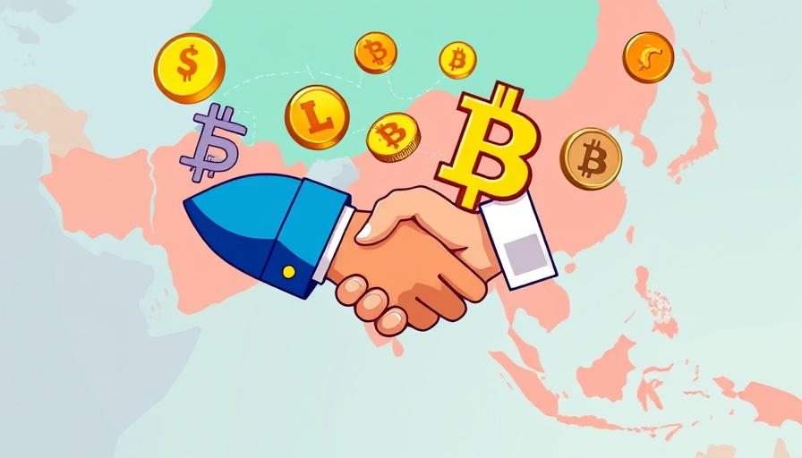 SBI Group Cryptocurrency Partnerships illustration with coins and map.