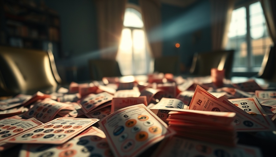 Scattered lottery tickets showing Powerball jackpot allure, dim setting