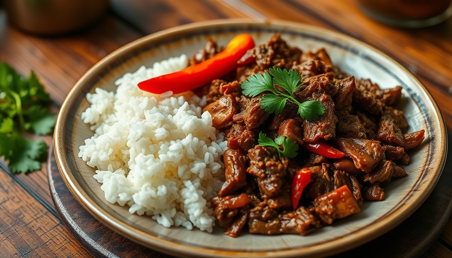 Traditional Cuban dish with shredded beef and rice on a wooden table.
