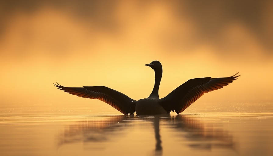 Serene scene of bird on misty lake in Upper Peninsula Michigan