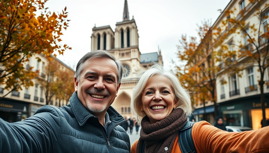 Cheerful couple at Notre Dame, highlighting where to stay in Paris.