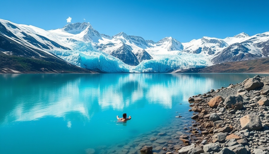 Adventurer swimming in turquoise lake near Huaraz mountains.