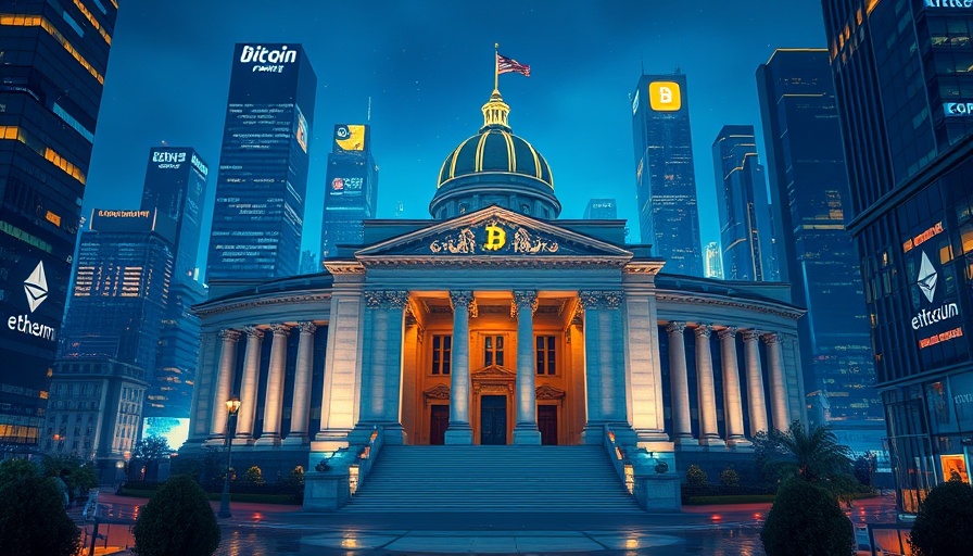 Futuristic South Korean government and crypto symbols in digital city 2027