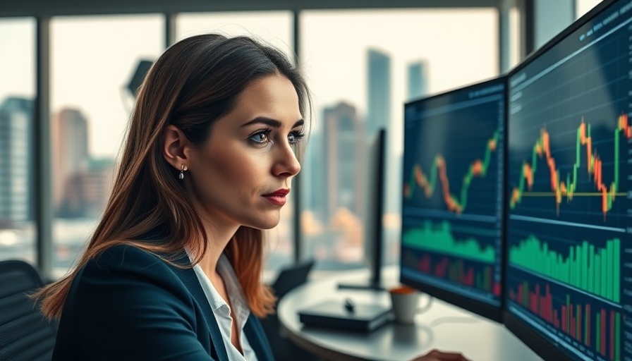 Focused woman analyzing Bitcoin charts on a monitor, city office view.