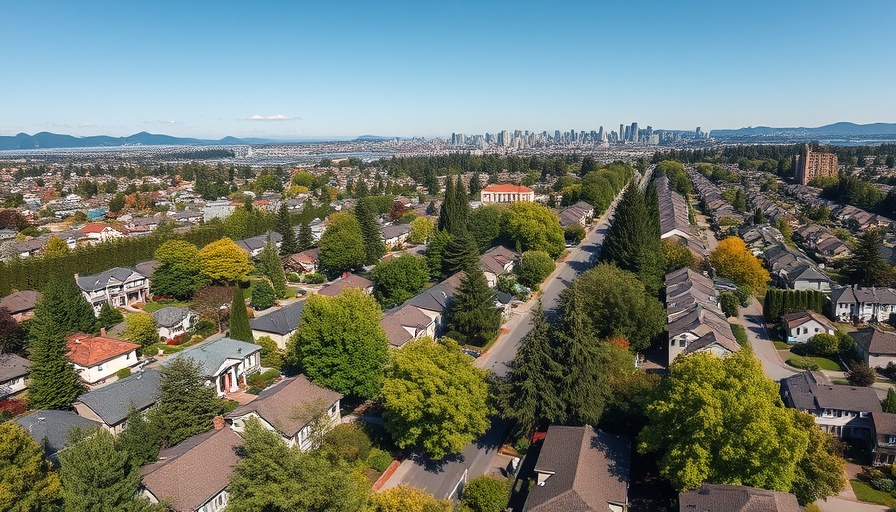 Aerial view of Greater Vancouver showing housing and city skyline.