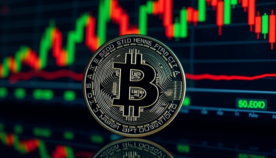 Bitcoin coin with stock market charts in background.