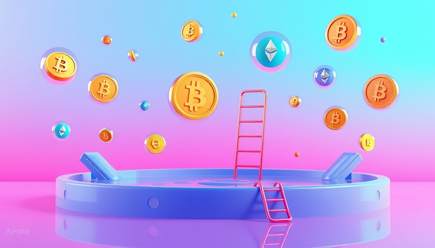 Colorful illustration of staking pools in crypto with floating symbols.