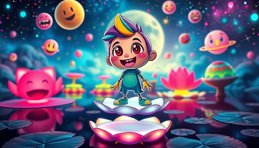 Colorful cartoon of futuristic character with meme elements, cosmic background