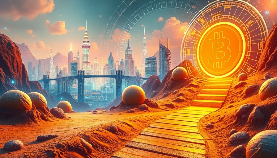 Surreal landscape depicting decentralized money origins with Bitcoin symbol.