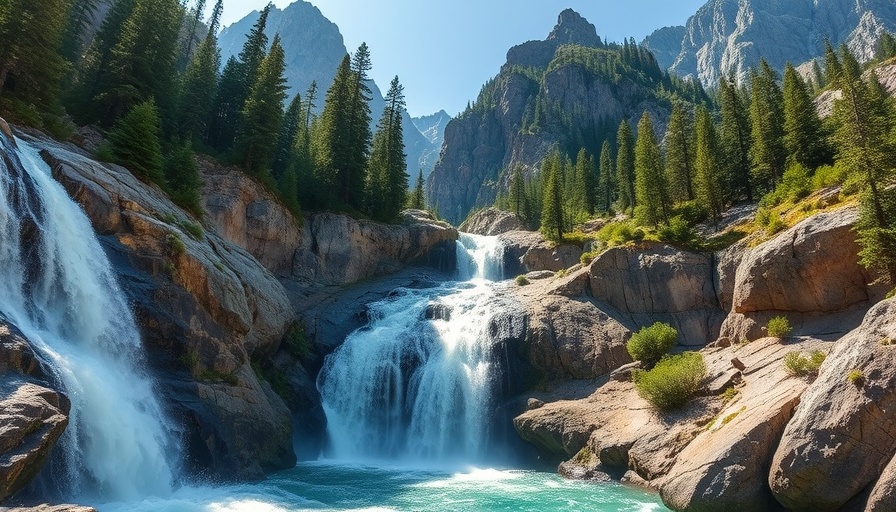 Mountain waterfall in B.C. with lush forest and rugged cliffs.