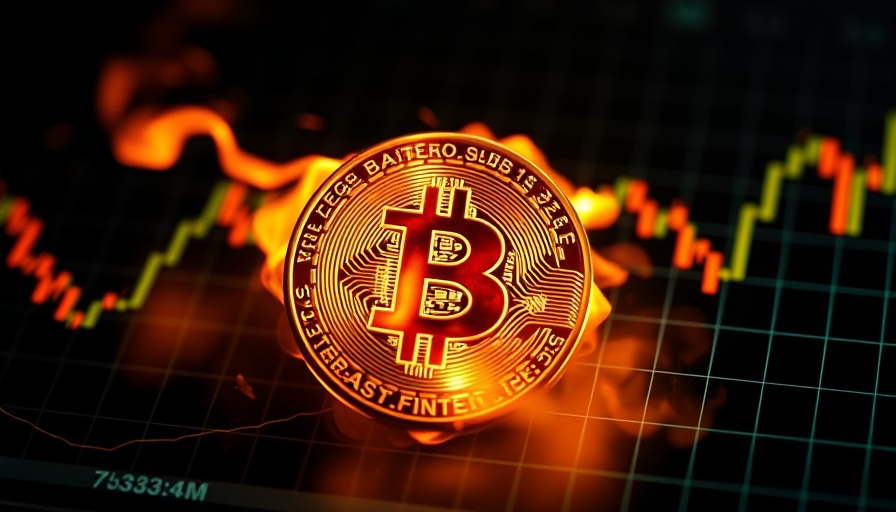 Bitcoin coin surrounded by flames with financial chart backdrop.