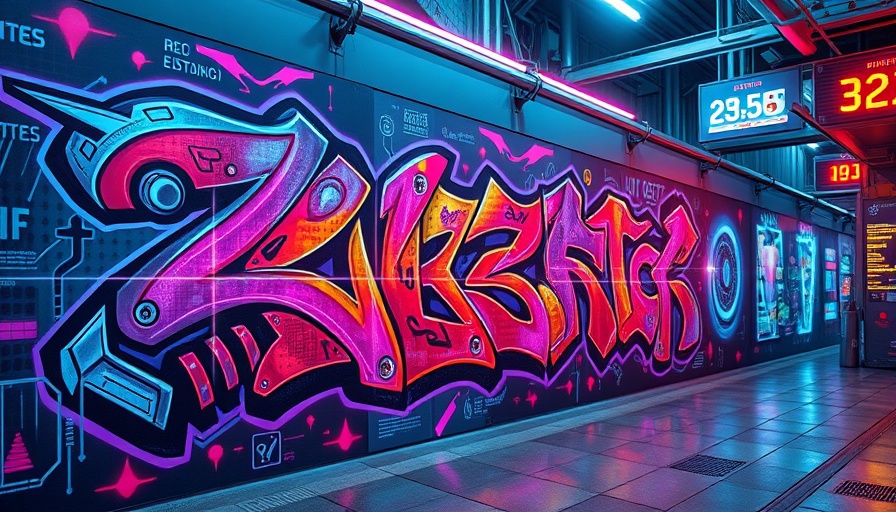 Futuristic graffiti art with digital overlay, vibrant and detailed.