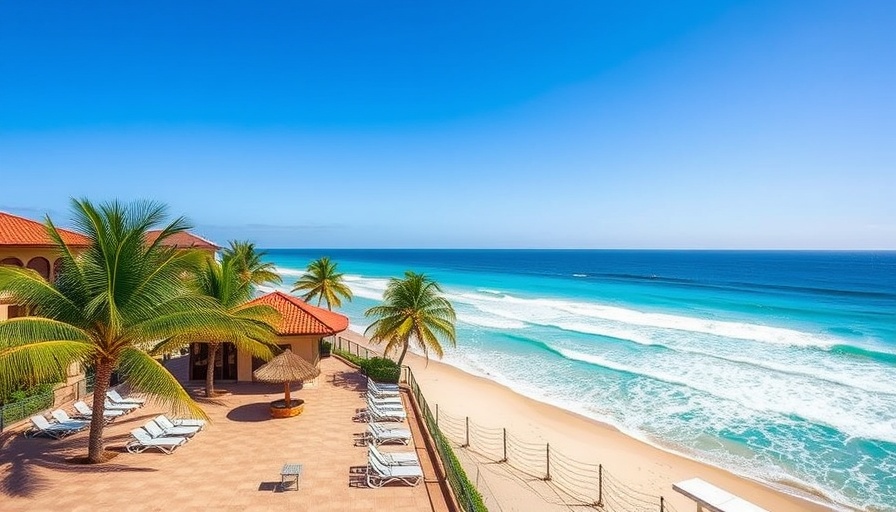 Affordable beachfront hotel in San Pedro, Belize with vibrant palm trees and turquoise sea.