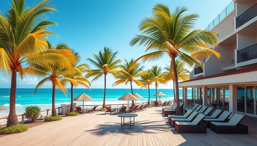 Affordable beachfront hotel in Belize with palm trees and turquoise ocean.