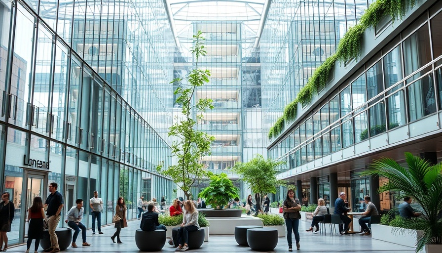 Modern public atrium design at 105 Keefer Chinatown, featuring greenery.