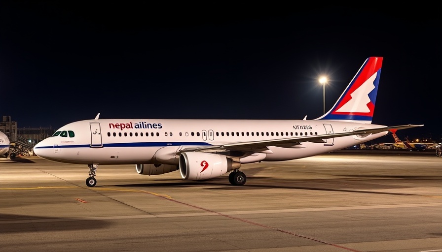 Nepal Airlines Airbus A320 on tarmac during nighttime.