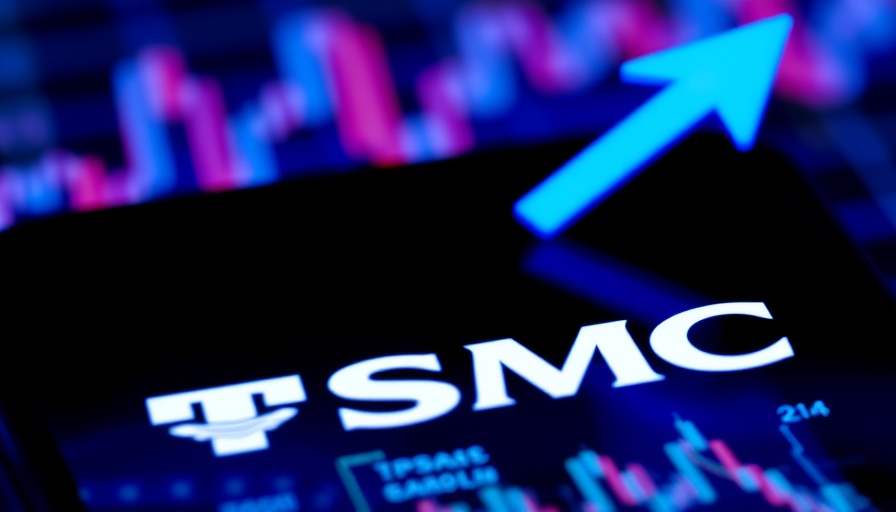 TSMC stock revenue growth depicted by upward blue arrow and logo.