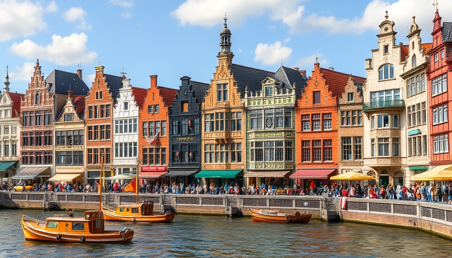 Scenic Ghent waterfront with Flemish architecture and boats.
