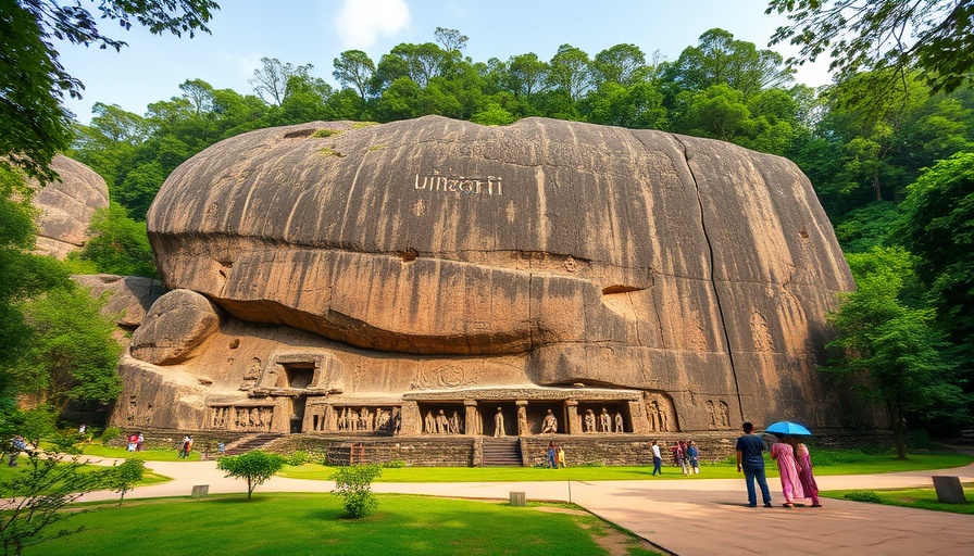 Unakoti Tirtha ancient rock carvings with tourists in lush forest