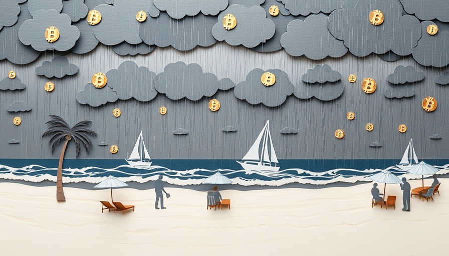 Paper-cut Bitcoin beach with stormy summer scene
