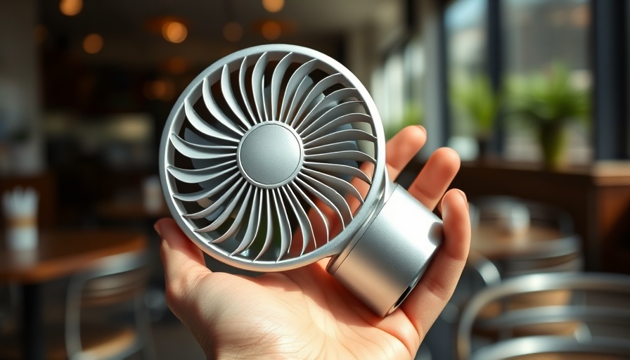 Jisulife Life9 handheld fan in hand at a cafe setting.