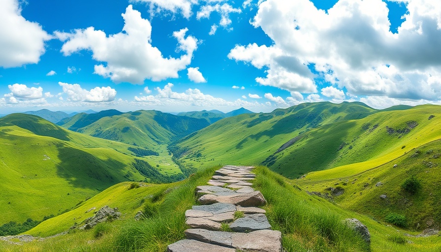 Scenic view of lush hills and stone path on Three Peaks Challenge route.