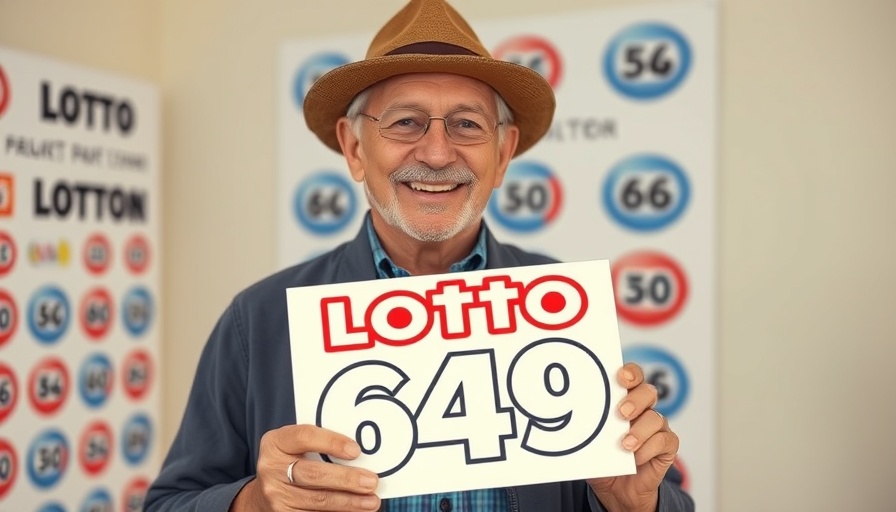 Canadian lottery winner holding Lotto 649 sign, smiling.
