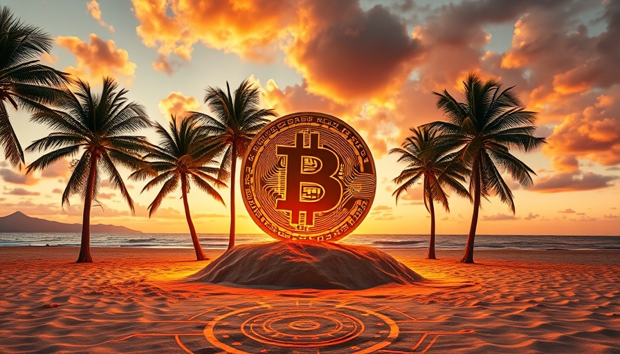 Bitcoin symbol on beach at sunset, representing Bitcoin circular economy.
