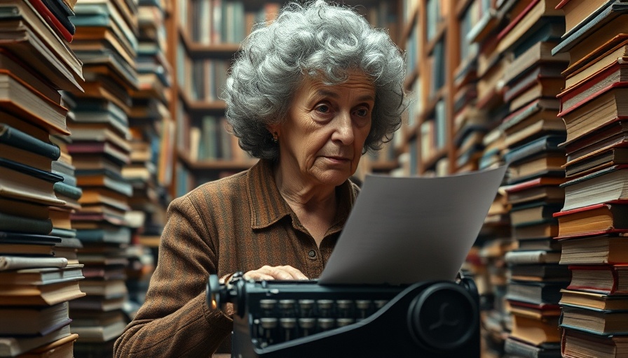 Elderly woman creating Agatha Christie mysteries, focused at a typewriter.
