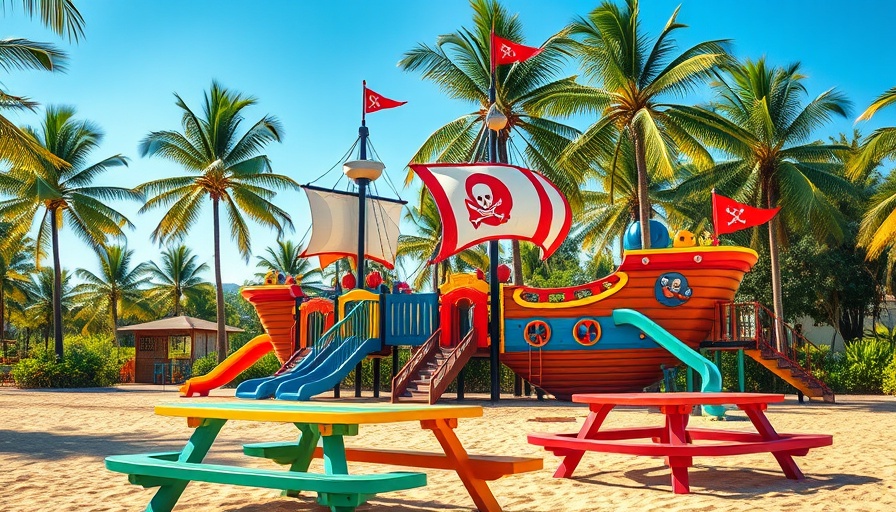 Colorful playground in hotel kids' area with pirate theme.